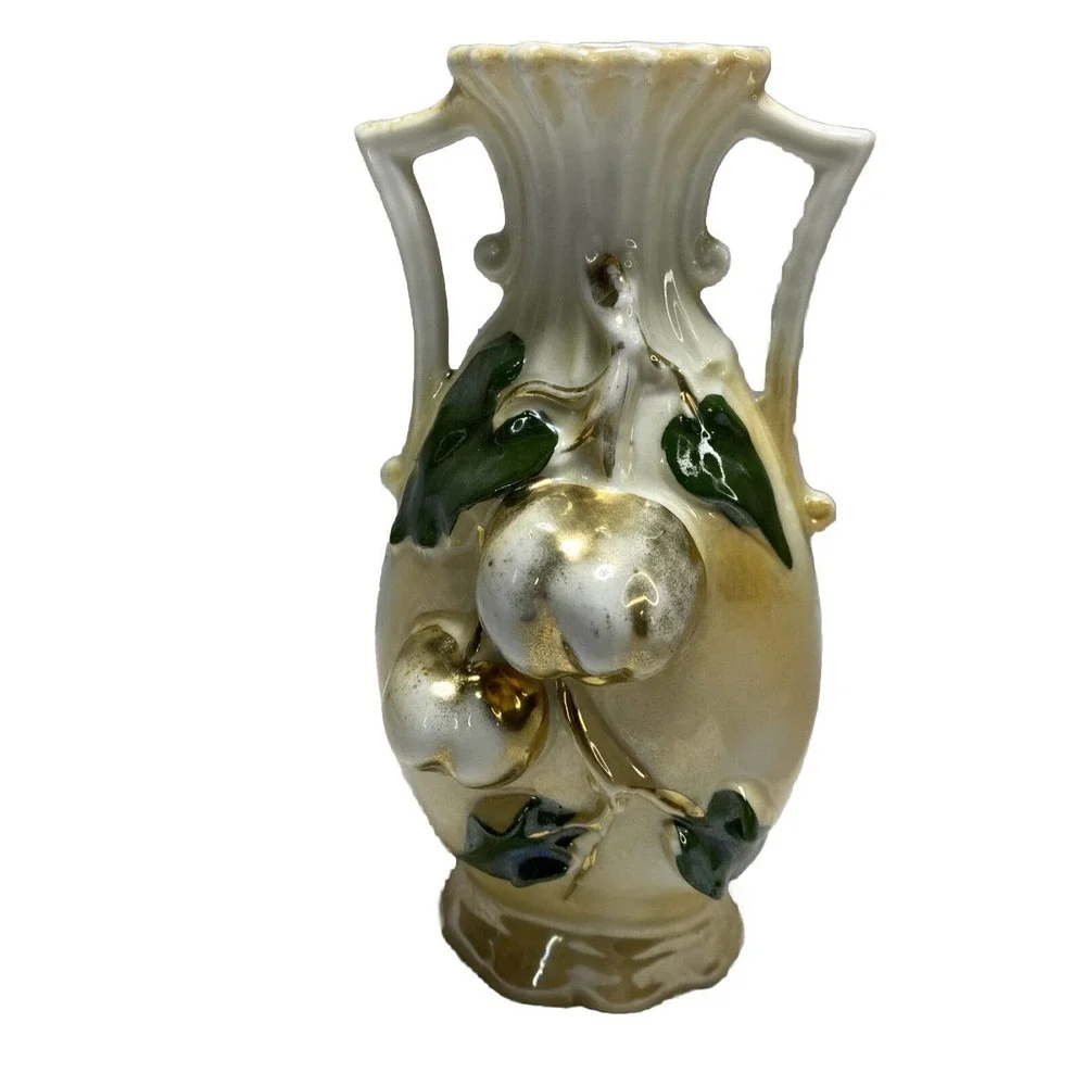 Antique Small Iridescent Two Handled Vase Raised Fruits Leaves Gold G.H. Mumm Co
